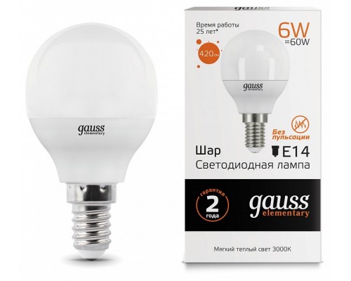 Лампа светодиодная Gauss  E14 6Вт 3000K 53116
