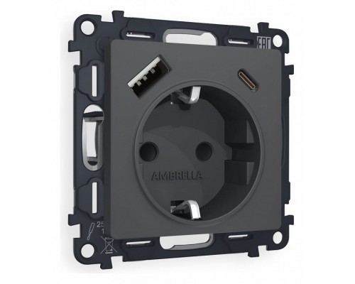 Розетка с заземлением и 2хUSB type A и C, без рамки Ambrella Volt Quant MA910010 Розетка с заземлением и 2хUSB type A и C, без рамки Ambrella Volt Quant MA910010